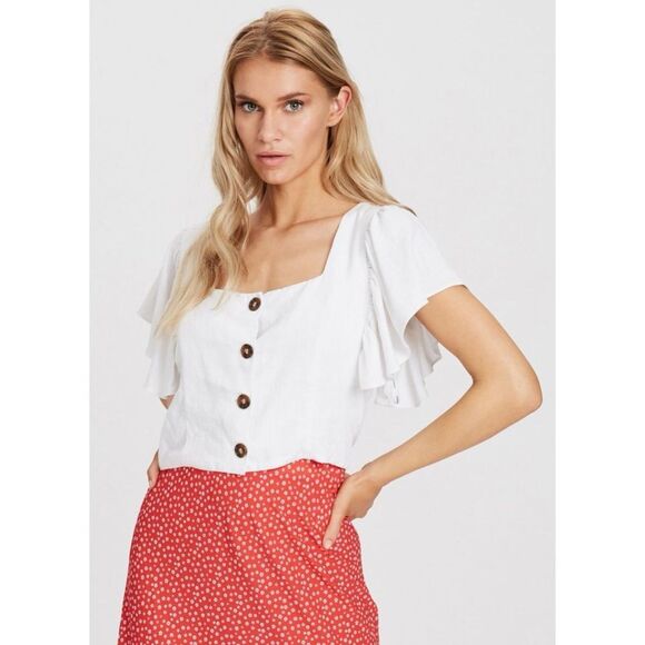 CHARLIE HOLIDAY NWT White Flutter Sleeve Open Back Bayview Top L - Picture 15 of 16